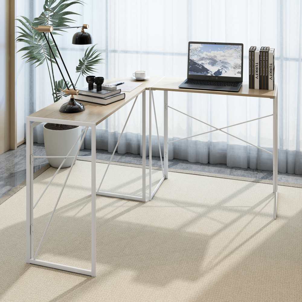 Biurko narożne w kształcie litery L – nowoczesny design, metalowa rama, płyta MDF, zaokrąglone narożniki – do domowego biura/gabinetu