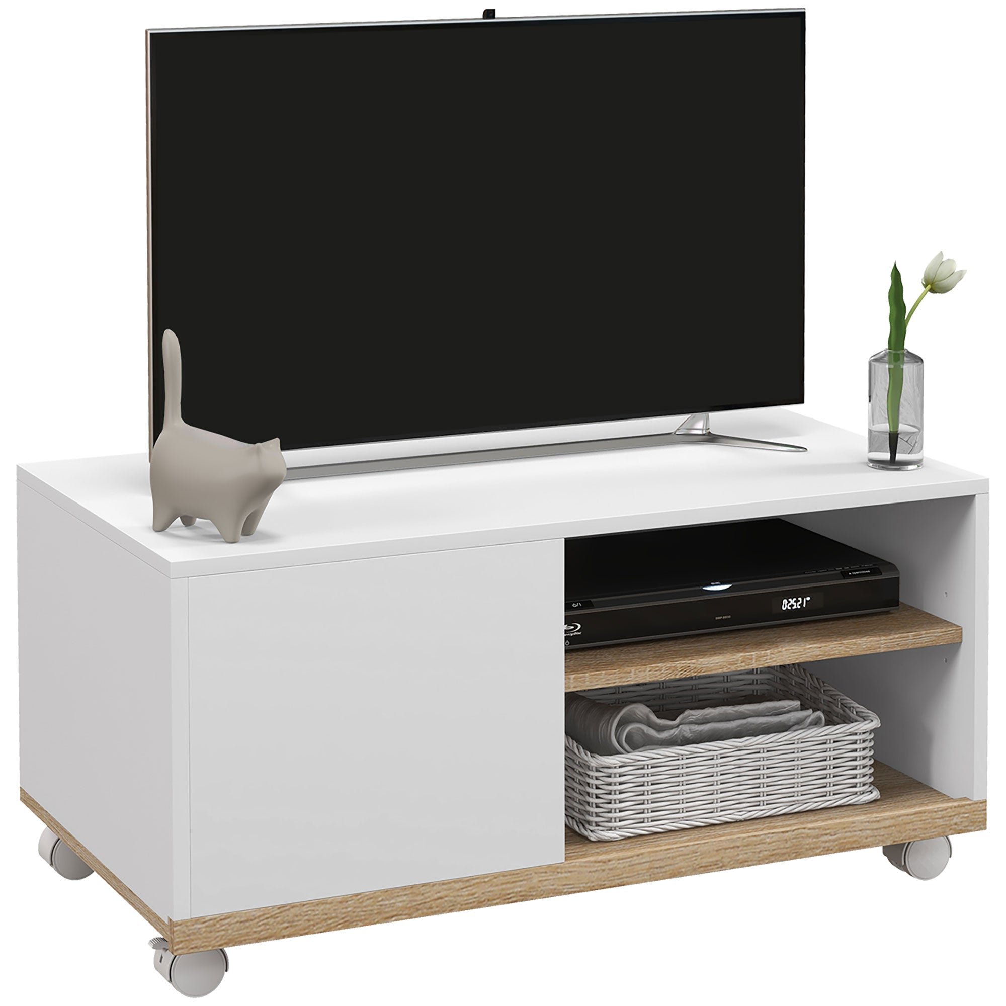 Stojak pod telewizor z kółkami, meble do salonu, stół pod telewizory 42" z drzwiami i 2 półkami, 80x45x41 cm, biały