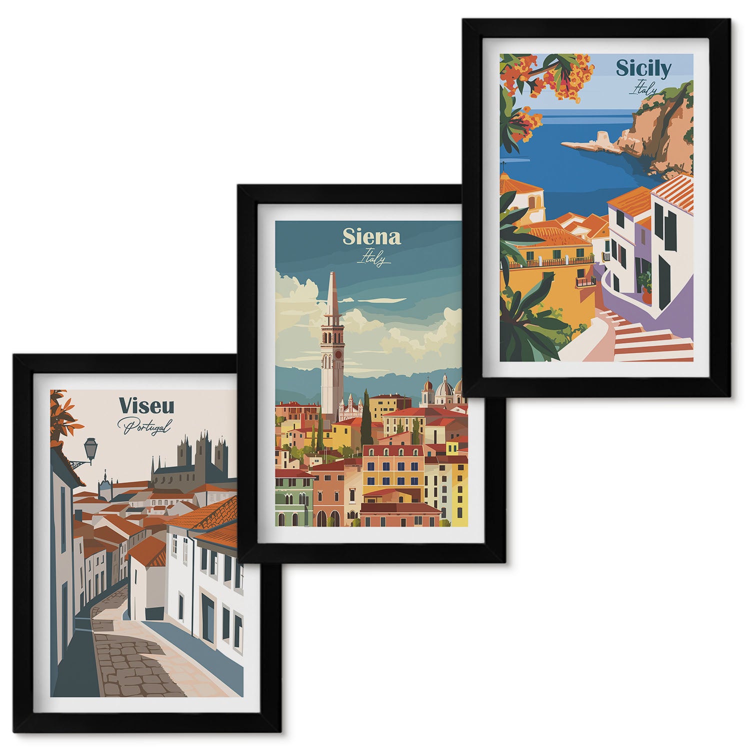 Zestaw obrazów w ramie - 3 części | Retro ilustracje znanych miast świata | Czarna ramka