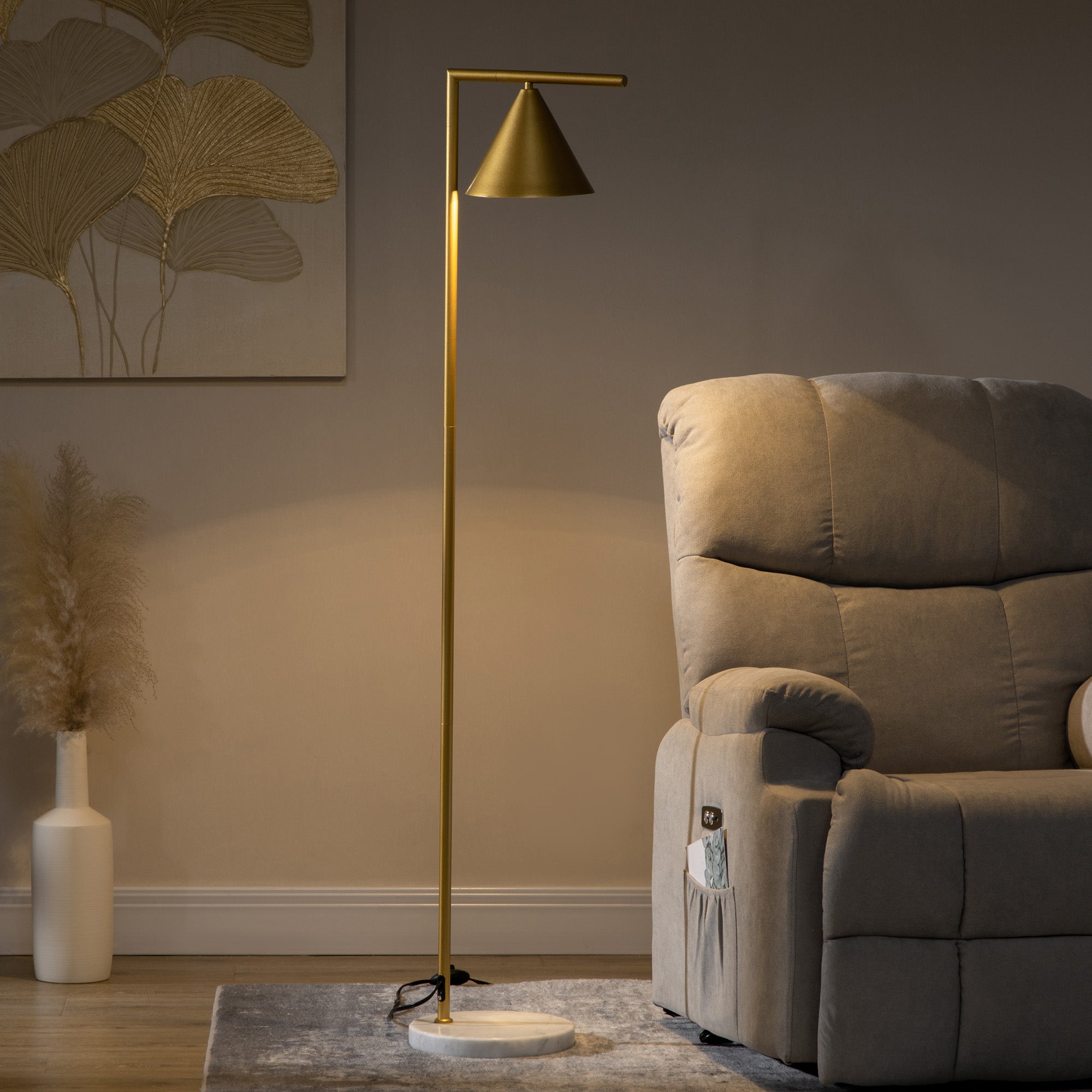 Lampa stojąca do salonu ze stali z regulowanym kloszem stożkowym, podstawa marmurowa, 40W, 35 x 26 x 153 cm, kolor złoty