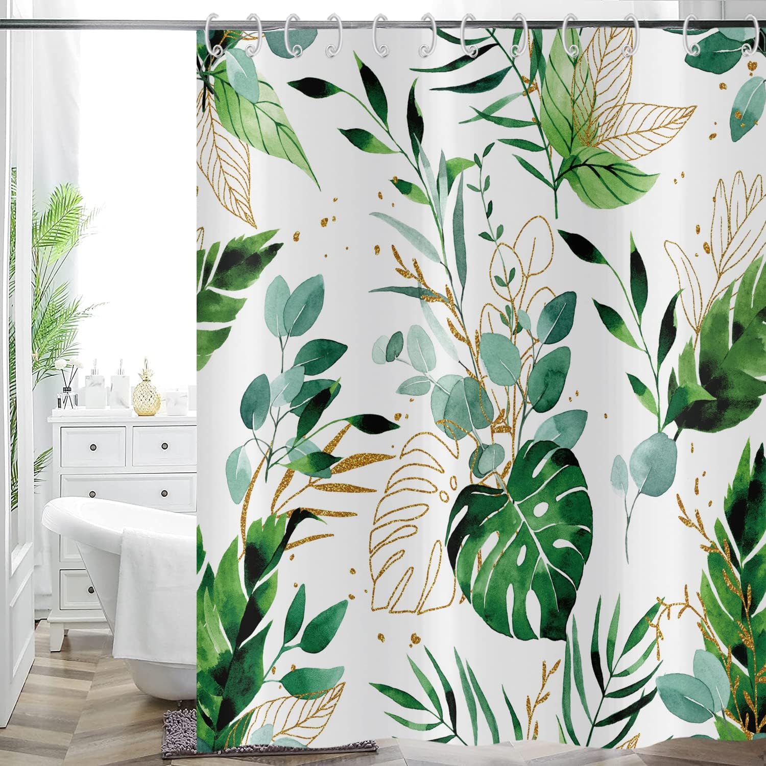 150x180 cm Zielona zasłona prysznicowa z liśćmi, Tropikalny eukaliptus, Roślina botaniczna, Abstrakcyjna boho, akwarelowa zasłona do wanny