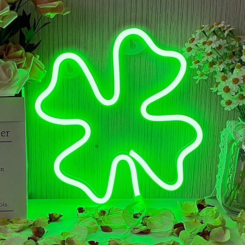Neonowe znaki Clover, Neonowe znaki Clover, Zasilane bateriami USB, Zielony neonowy pasek świetlny, Sypialnia, Impreza, Boże Narodzenie