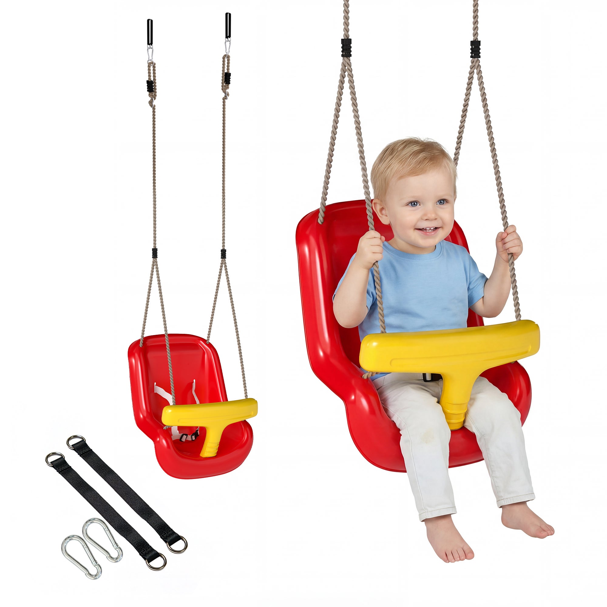 Children's huśtawka do 9-36 Months, regulowany z sznury i Carabiners, PE MATERIAŁ, 28x36x180 cm, czerwony i żółty