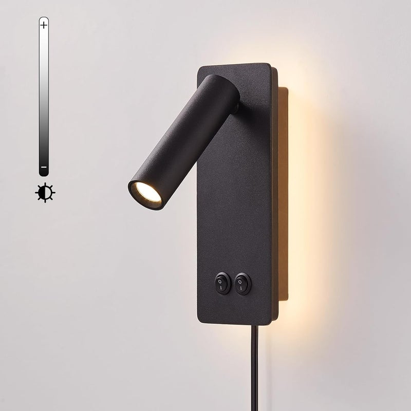 Lampka nocna LED – 3 W, wtykowa, do czytania – regulowany kąt – z przełącznikiem – ciepłe białe światło – odpowiednia do sypialni – czarna