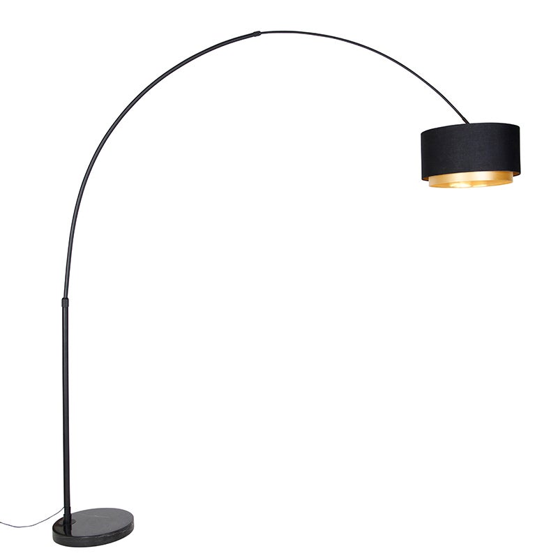 Nowoczesna lampa łukowa podłogowa czarna z podwójnym kloszem czarno-złotym - XXL