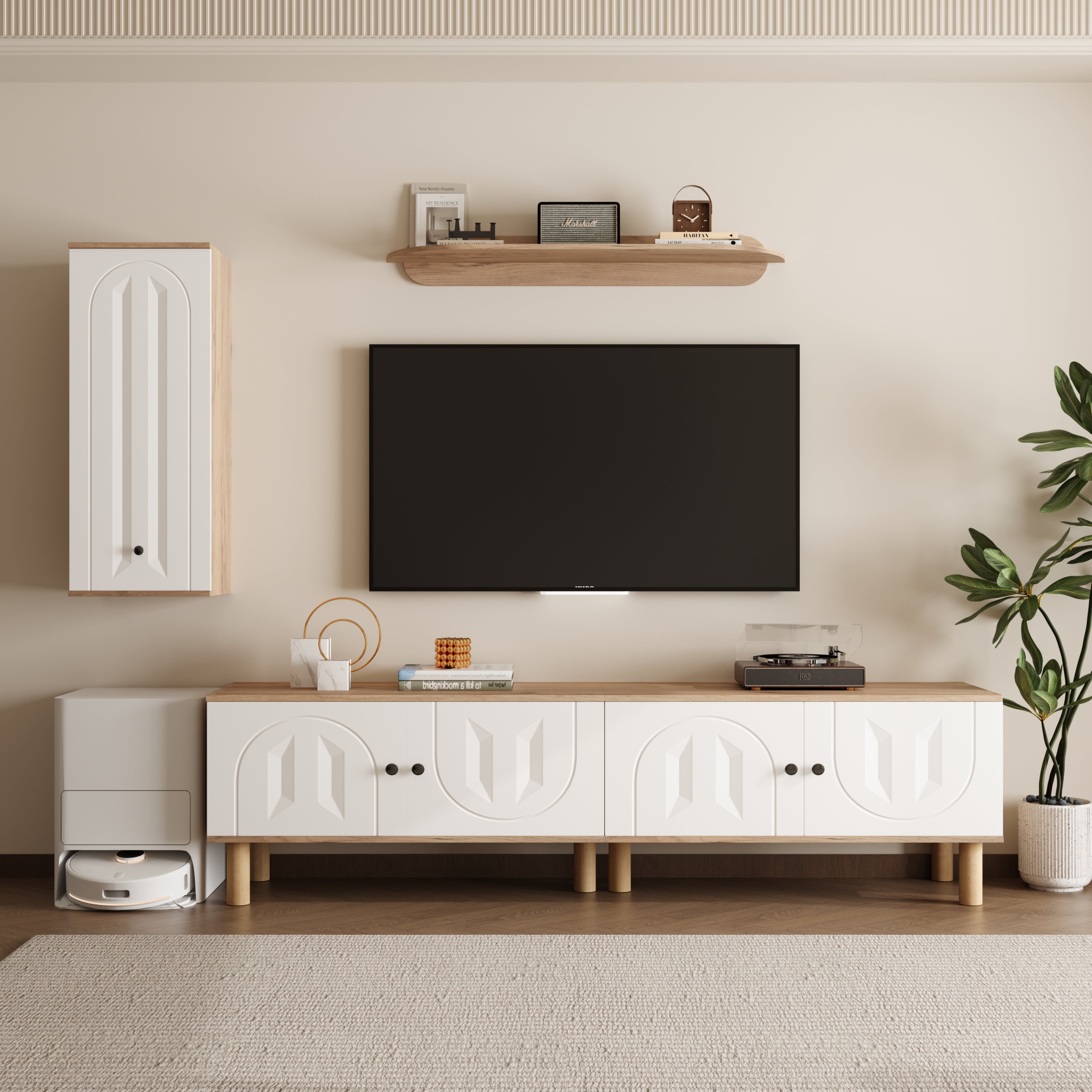 Zestaw szafek RTV wiszących z wysokim blatem i półką ścienną - 170 x 40 x 40 cm - Płyta wiórowa - Biały + naturalny