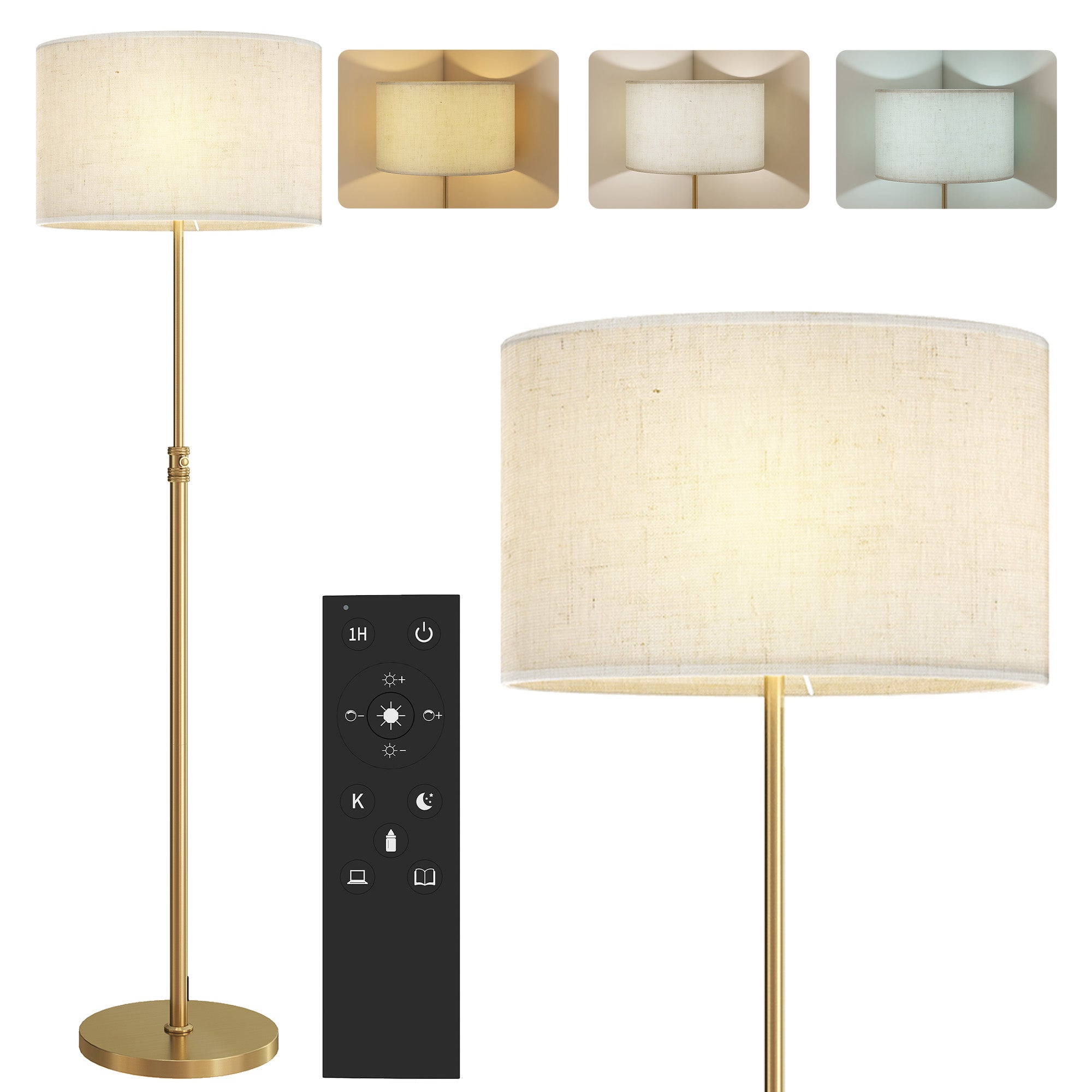 Lampa podłogowa do salonu, ściemnialna, sterowana pilotem, klosz lniany, regulowana wysokość 133-168 cm, kolor złoty
