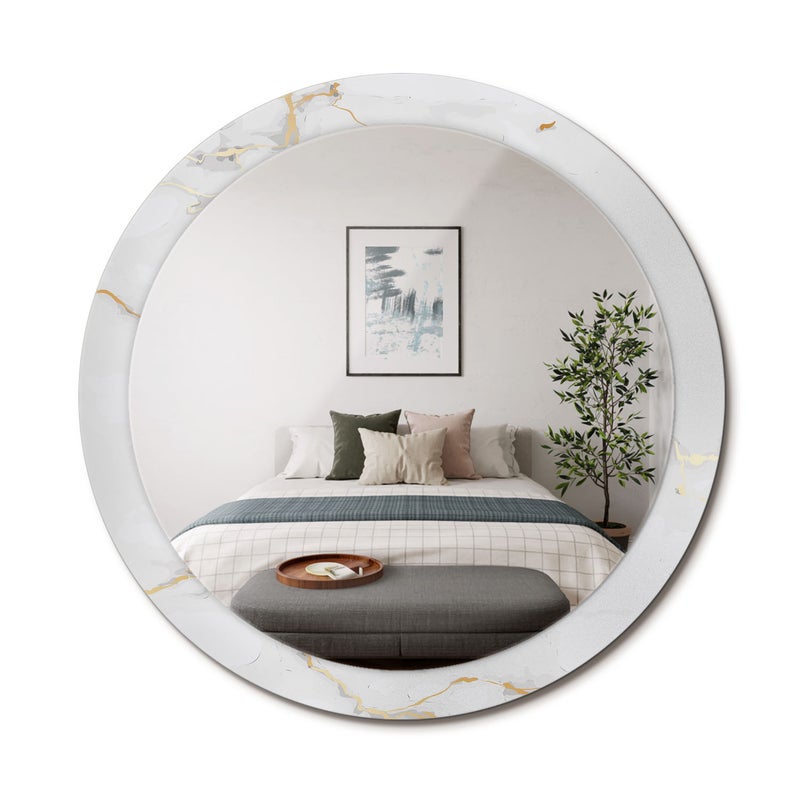 Lustro ścienne dekoracyjne – okrągłe, szklana rama, styl modern Biały marmurek - 90 cm - ArtPrintCave