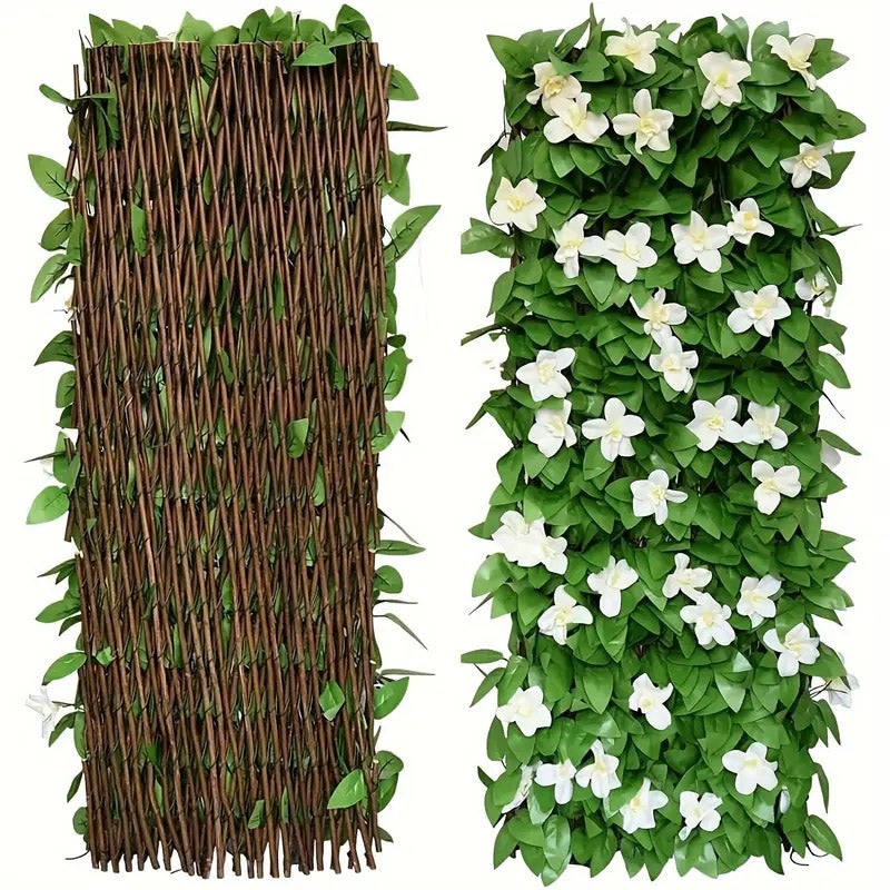 Panel prywatności 40 cm ze sztucznego bluszczu i orchidei – zielone liście i białe kwiaty, odporny na promieniowanie UV, idealny do dekoracji ogrodu