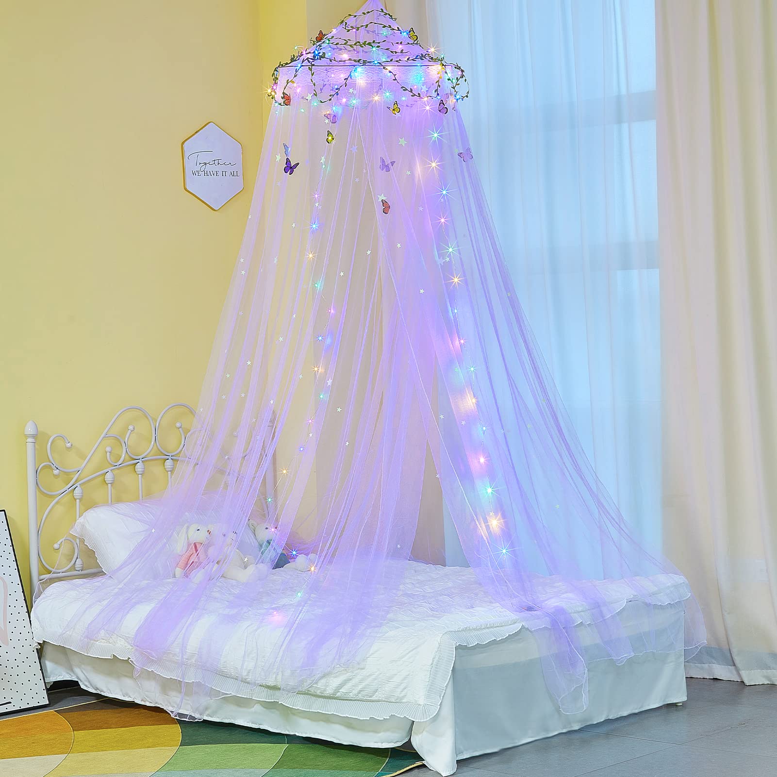 Jasna narzuta LED do pokoju dziecięcego, nie wymaga instalacji, dekoracja DIY gwiazdy i motyle (fioletowa)