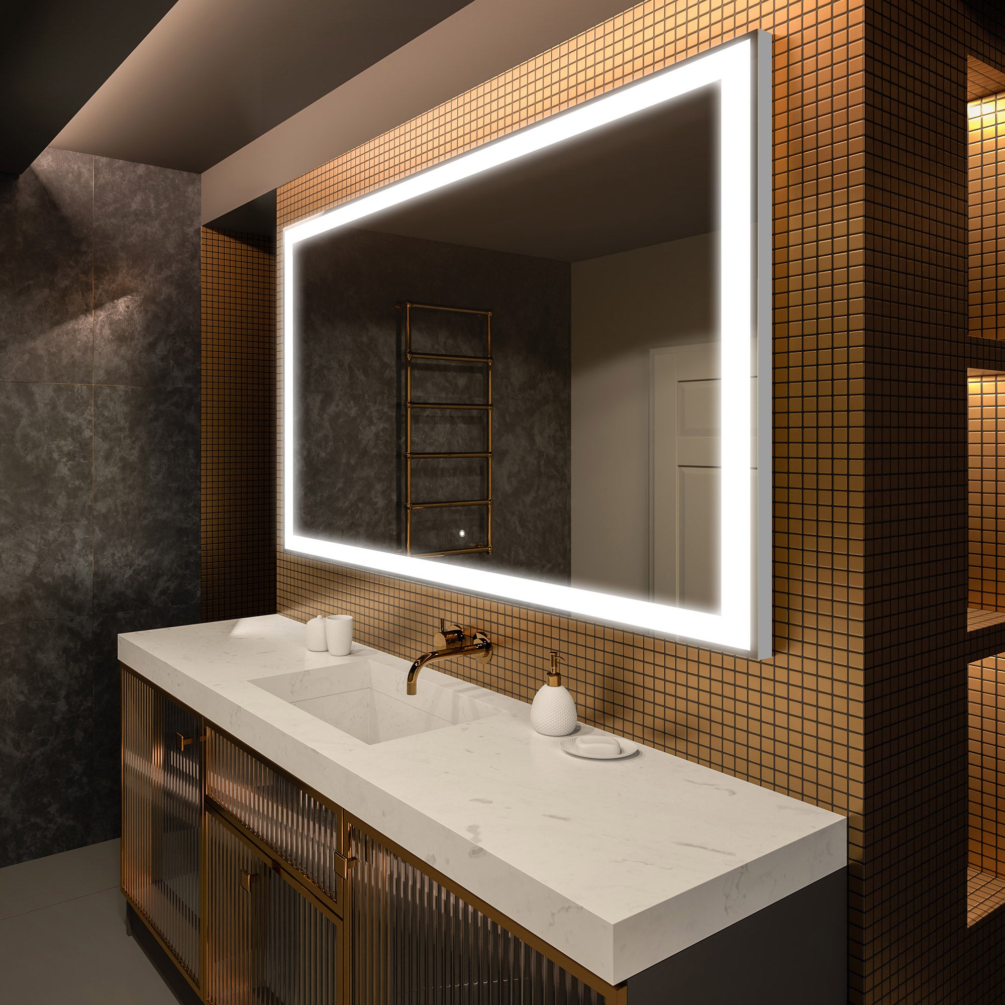 Podświetlane lustro łazienkowe - Prostokątne lustro 60x90cm - Lustro łazienkowe LED z przełącznikiem dotykowym - Chłodna biel 7000K (LED001) F1