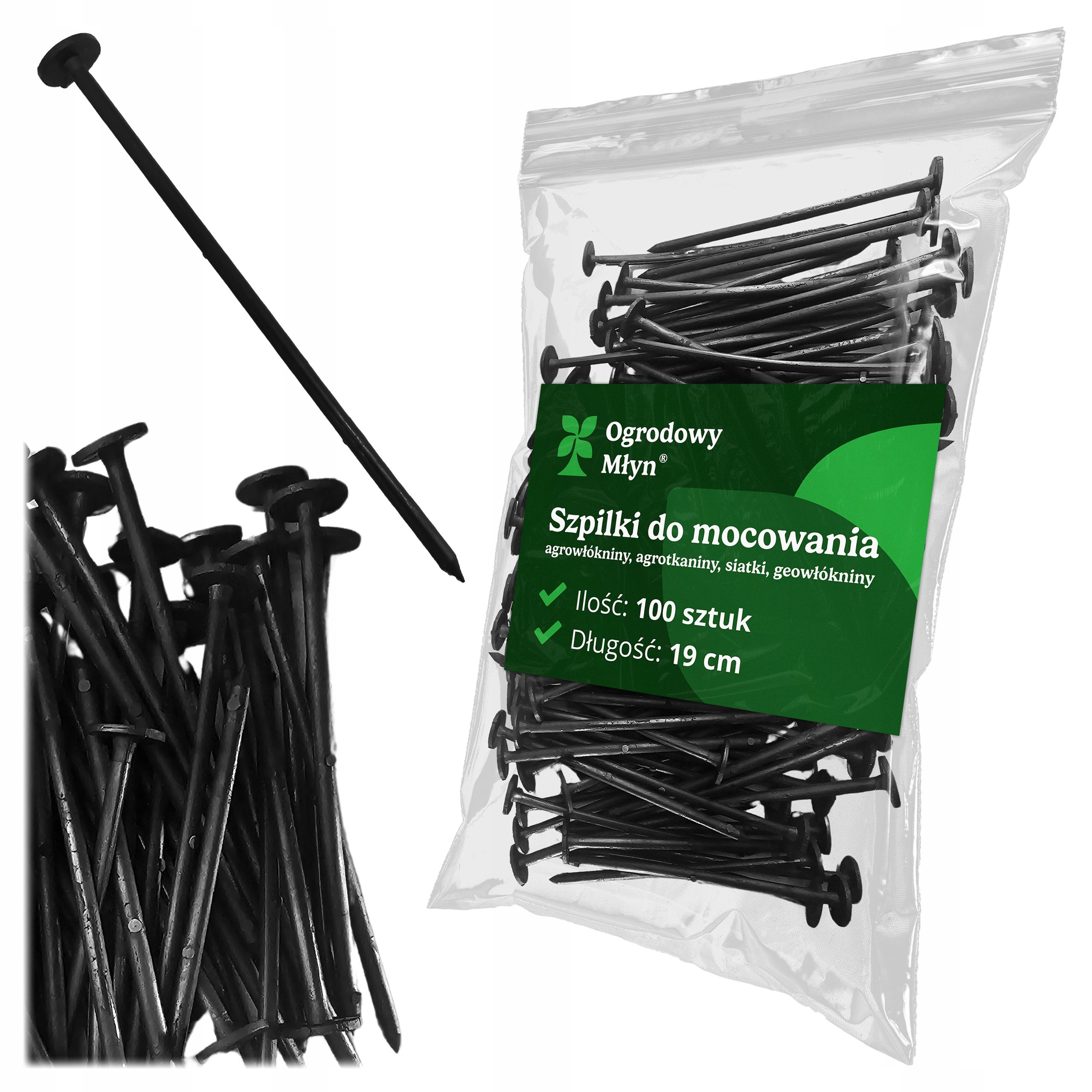 Szpilki kolki do agrowłókniny agrotkaniny 19 cm 100 sztuk gładkie plastikowe Ogrodowy Młyn