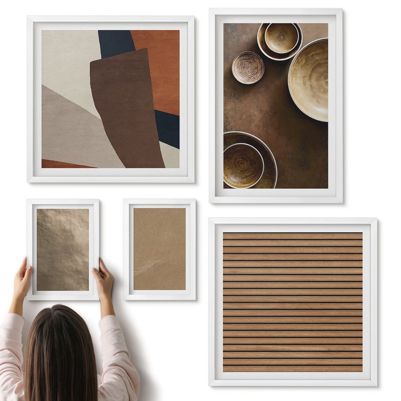 Galeria ścienna 5-częściowy komplet obrazów w białych ramach - Kamienne struktury nowoczesny styl minimalistyczny - ArtPrintCave
