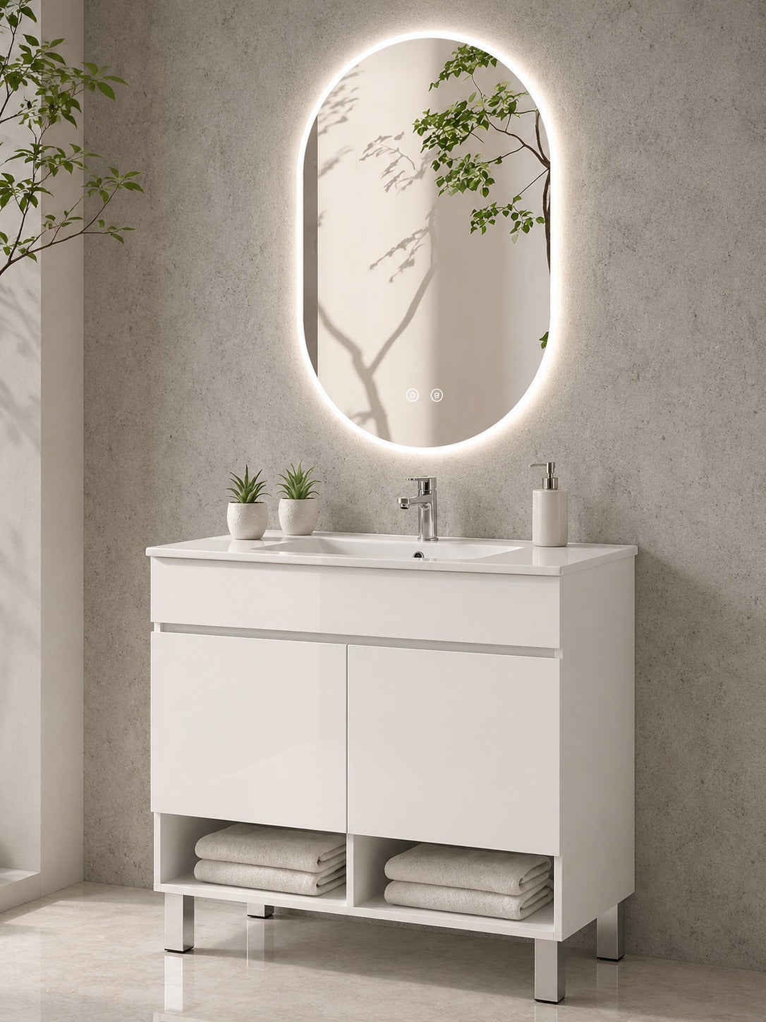 Szafka łazienkowa na nóżkach z umywalką ORIGENBATH NEBARI na nóżkach z drzwiami 90x45 cm biały