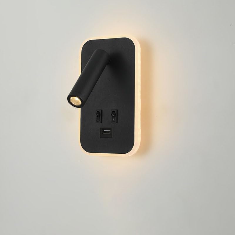 Kinkiet LED z 2 włącznikami, portem ładowania USB, aluminiowy, odpowiedni do sypialni i salonu, 3000K (3W + 10W).