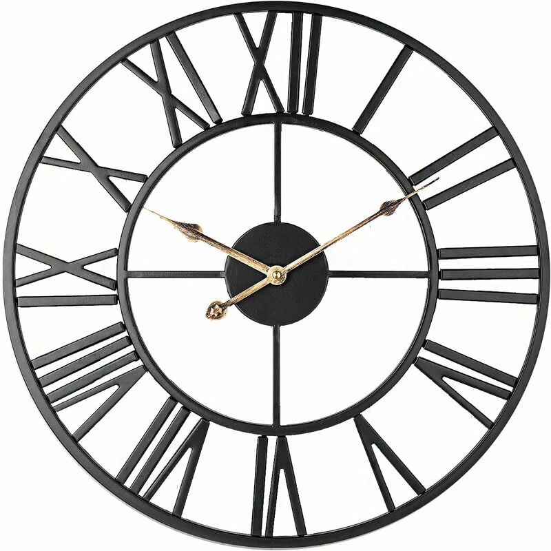 Cisza Ścienna Zegar, 50cm Vintage Szkielet w Metalu Zegar, Domowy Zegar (Czarny-Złoty)