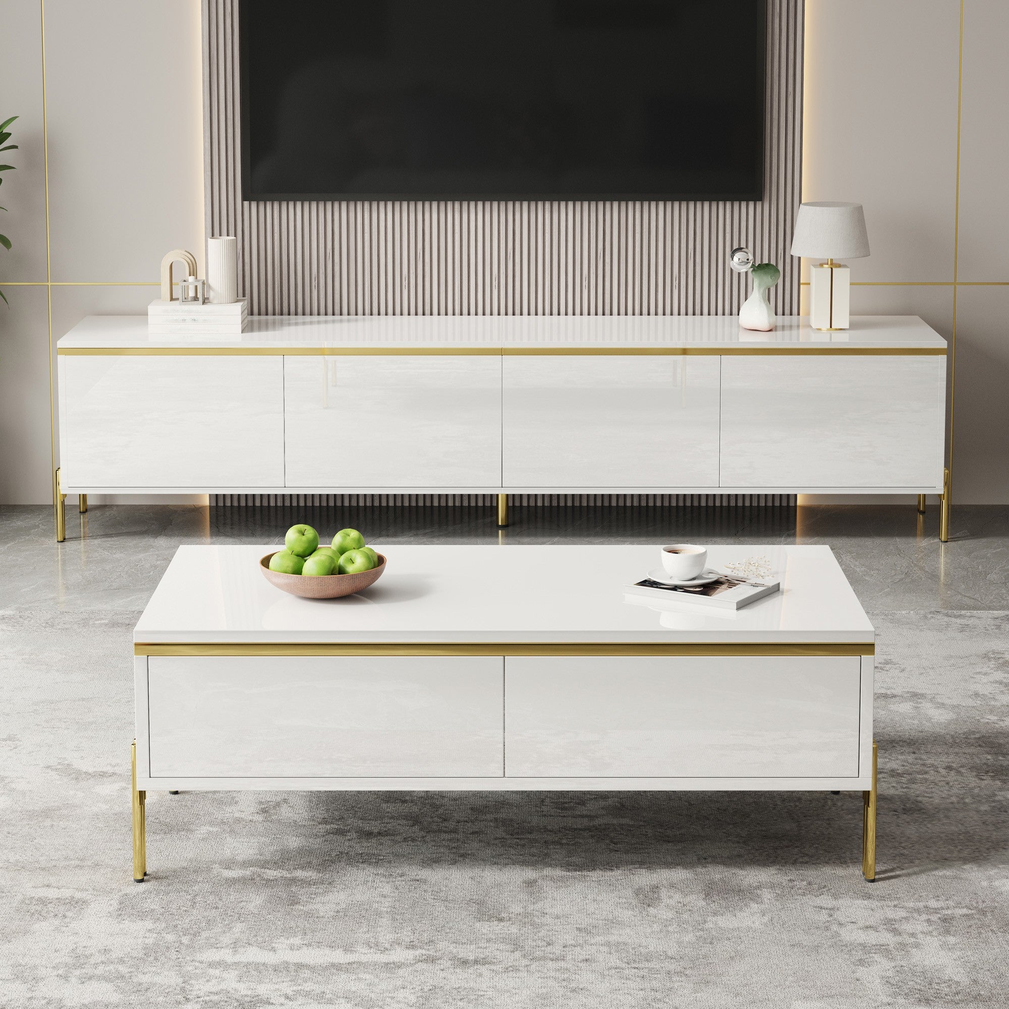 Szafka RTV ze stolikiem kawowym - 4 drzwi i 2 szuflady - 170 x 38 x 50 cm + 100 x 50 x 36 cm - Płyta wiórowa - Błyszczący biały