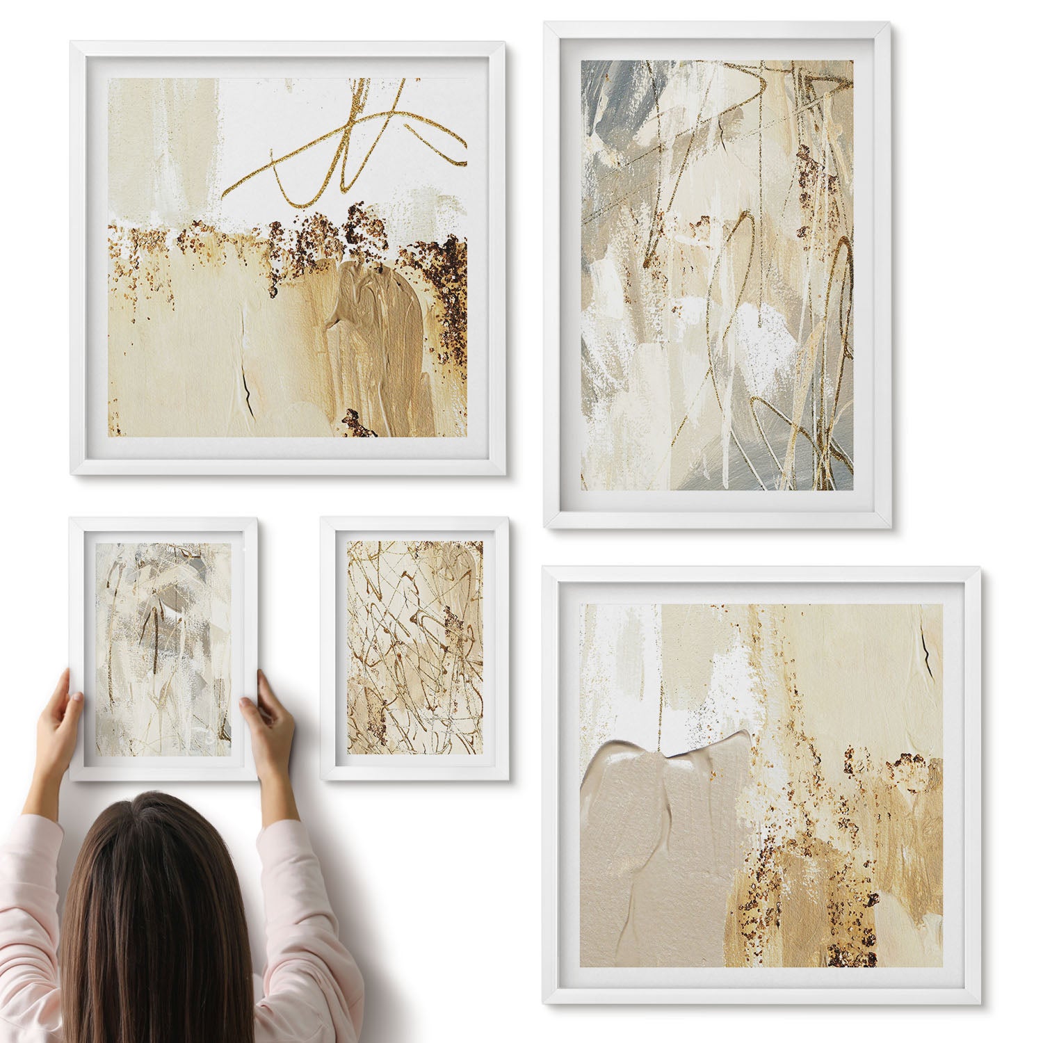 Galeria ścienna 5-częściowy komplet obrazów w białych ramach - Abstrakcyjne kompozycje w stylu nowoczesnym i minimalistycznym - ArtPrintCave