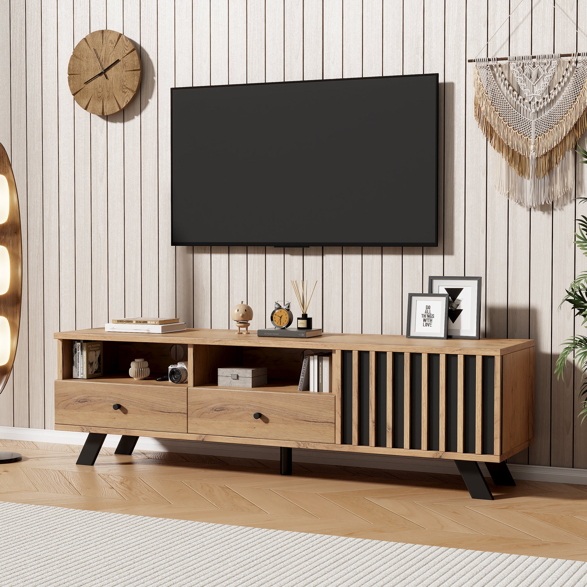 Szafka RTV z 2 szufladami, 2 przegródkami i 1 drzwiami - 150 x 38 x 44 cm - Płyta wiórowa - Drewno naturalne