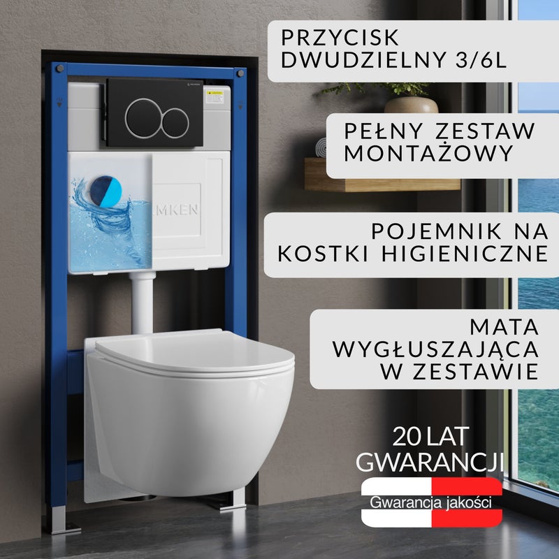 Zestaw podtynkowy WC Helmken 6w1: Stelaż, Czarny Mat (E) Przycisk, Miska bezkołnierzowa 35103001, Deska wolnoopadająca, Pojemnik na kostki, Mata