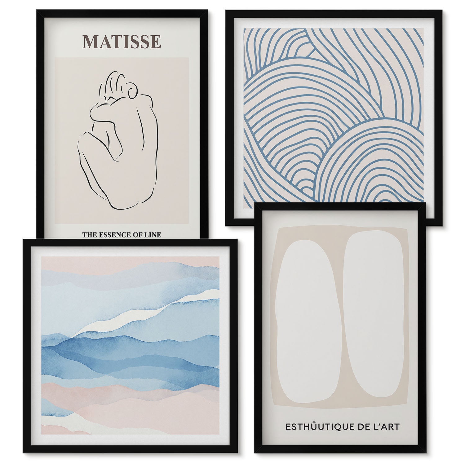 Zestaw obrazów w ramie - 4 części | Abstrakcyjne formy i delikatne kolory Matisse | Czarna ramka
