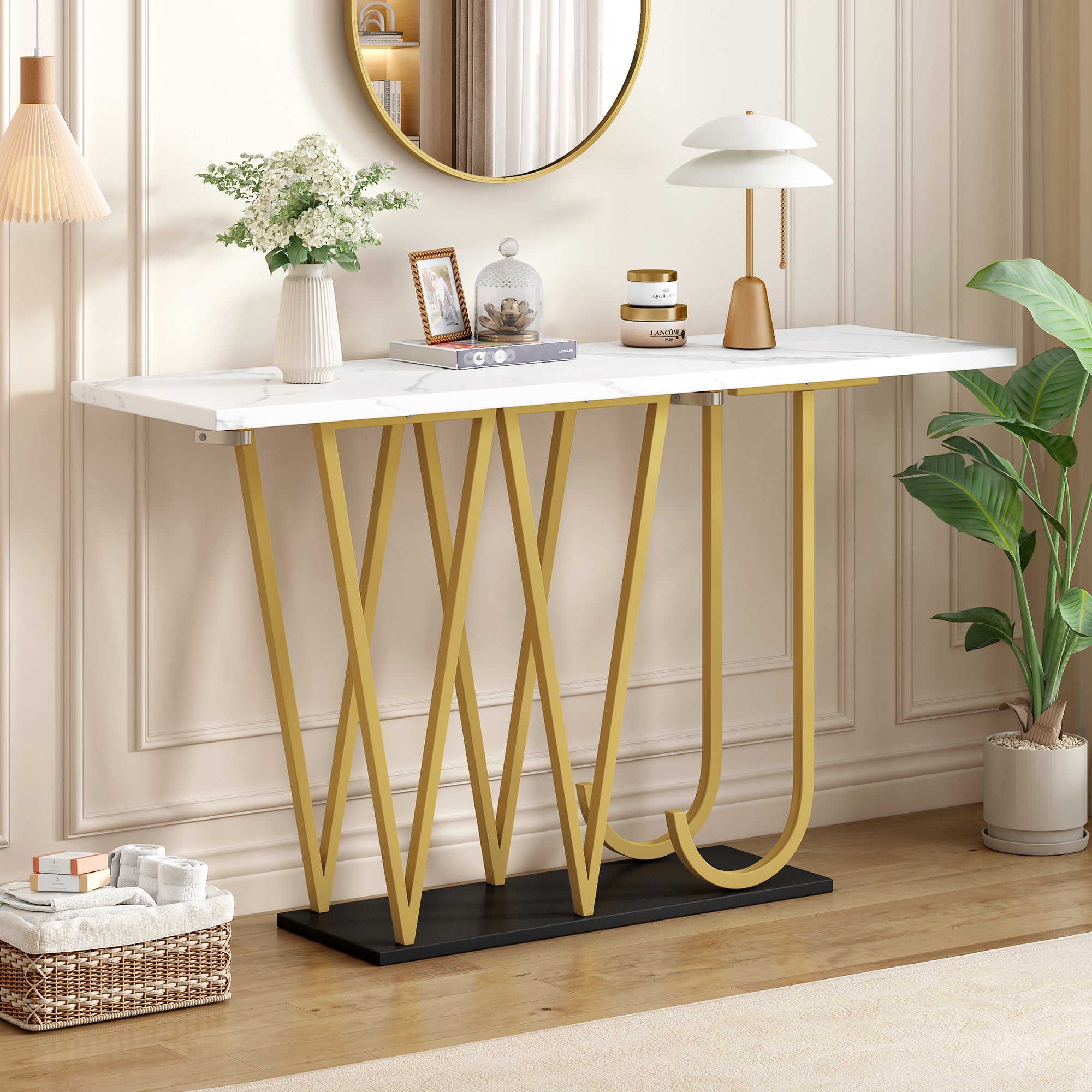 Stół konsolowy w stylu nowoczesnym 120x29,5x80 cm - do salonu lub korytarza - konstrukcja i nogi metalowe - Biały