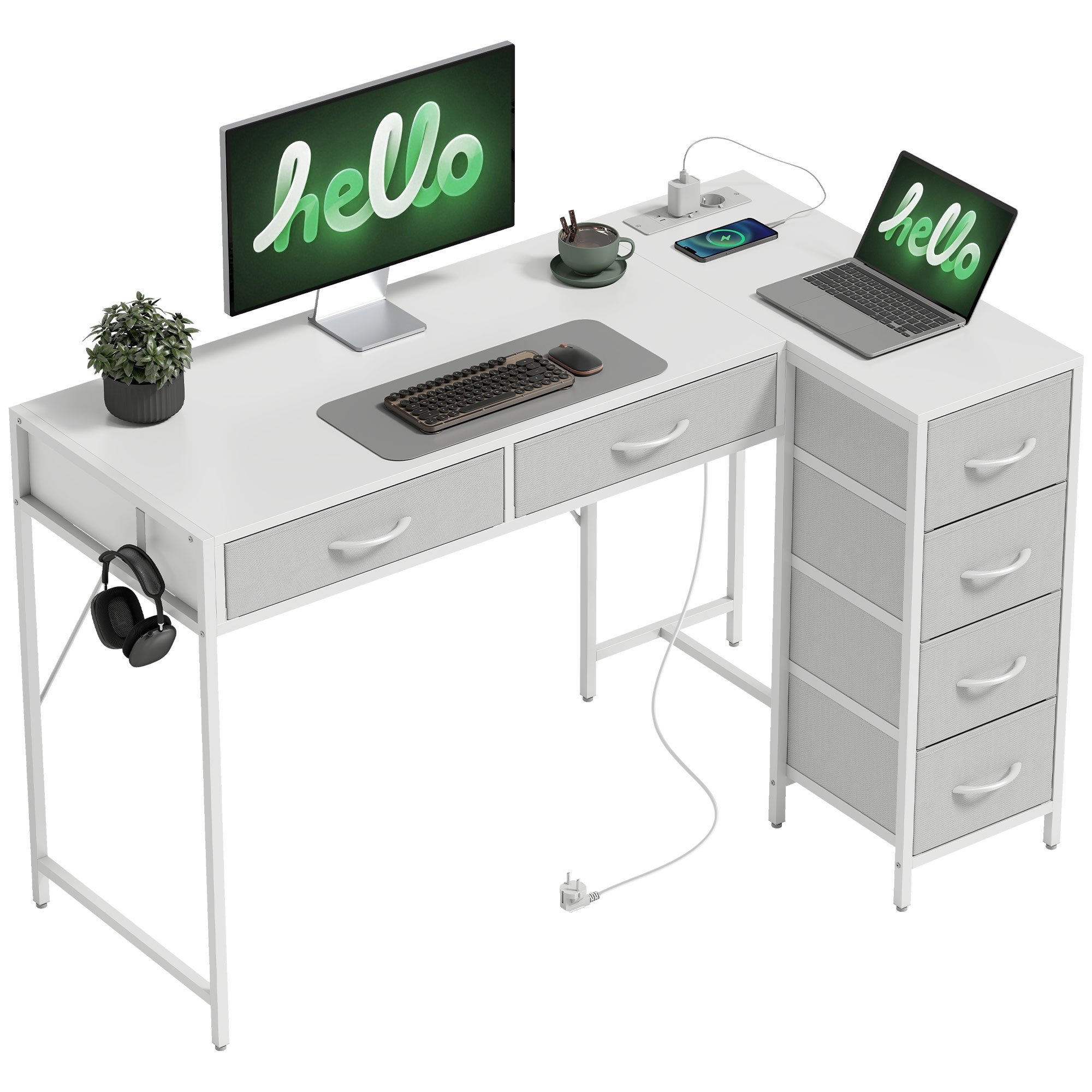 Biurko narożne rewersyjne z 6 szufladami, 126 x 48 cm, z gniazdkiem elektrycznym, portami ładowania USB i USB-C, białe