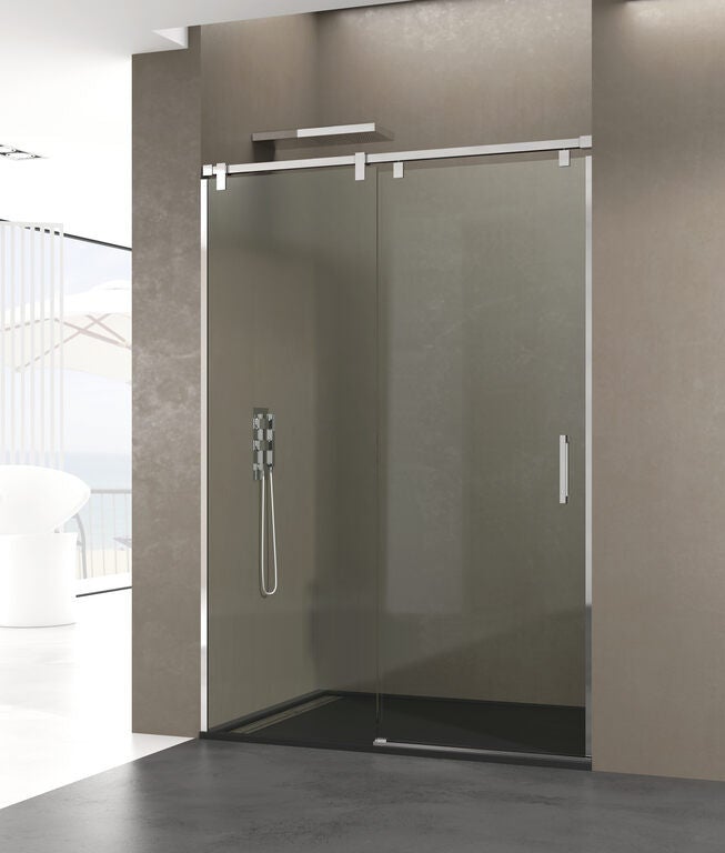 Kabina frontowa FUTURA 1 panel stały + 1 drzwi przesuwne 160 cm (155-160) stal nierdzewna połysk szkło przezroczyste