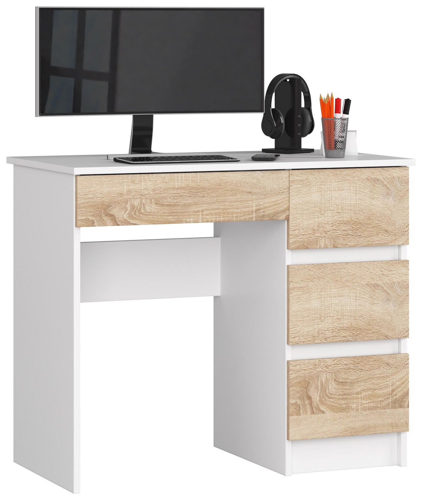 Biurko komputerowe AKORD A7 Białe 90 cm prawe 4 szuflady kolor Dąb Sonoma mat 90x50x77 cm