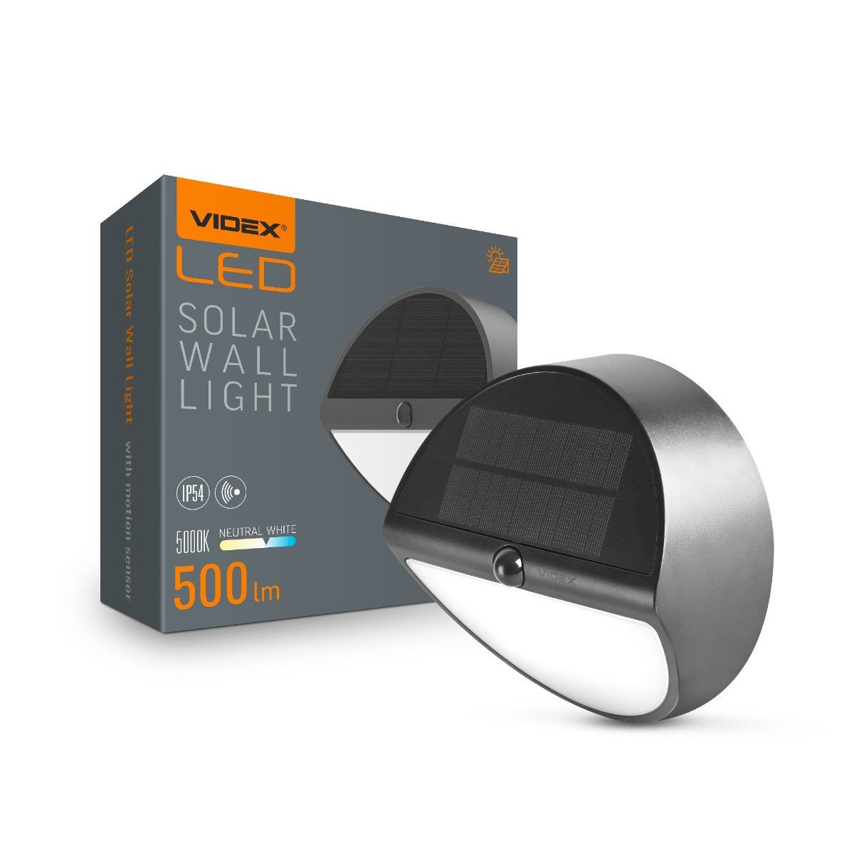 Kinkiet solarny z czujnikiem ruchu BHSO LED Neutralna biel 500lm czarny wym:20x20x9,7cm IP54 Videx