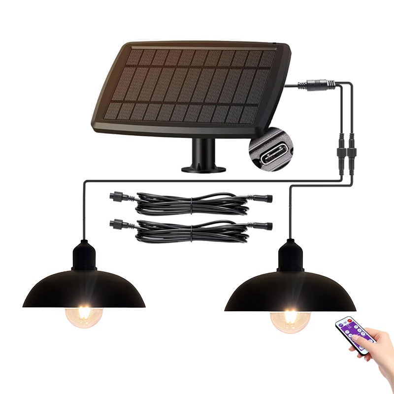 Lampa wisząca solarna z dwoma żarówkami, zewnętrzny metalowy klosz, regulowany panel słoneczny, wodoodporność IP44, idealna na tarasy i do garaży
