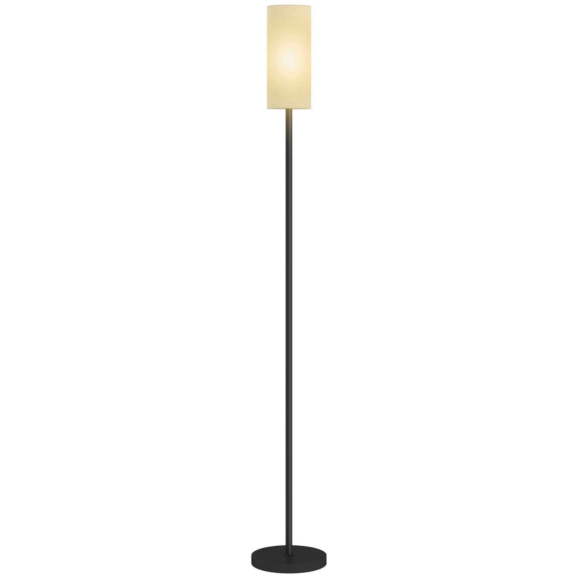 Lampa stojąca z abażurem z tkaniny lnianej, metalowy słupek, włącznik nożny, biała