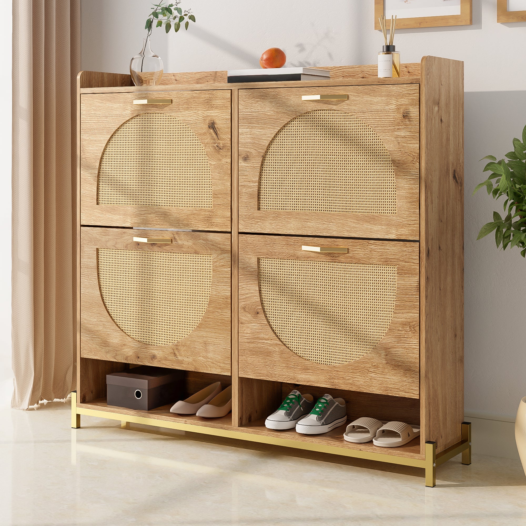 Szafka na buty z 4 drzwiami rattanowymi opuszczanymi w dół i 2 przegrodami - 108,5 x 24 x 100 cm - MDF i nogi metalowe - Kolor drewna