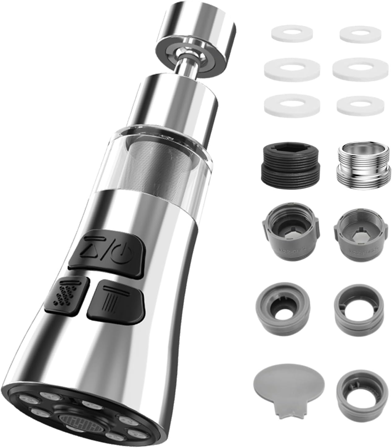 Obrotowa bateria kuchenna Golgner 360°, perlator 3-trybowy, głowica prysznicowa, obrotowa przedłużka baterii, z 5 adapterami, do baterii kuchennej/łaz