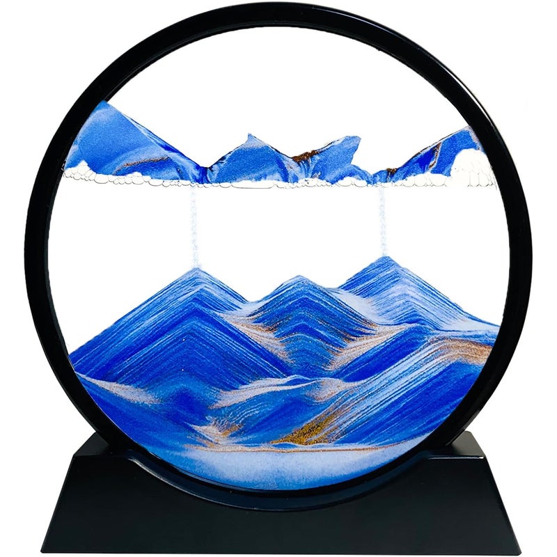 Animowana ozdoba z piasku – ramka w kształcie klepsydry, animowany obraz z piasku, krajobraz z piasku 3D (niebieski, 30 cm)