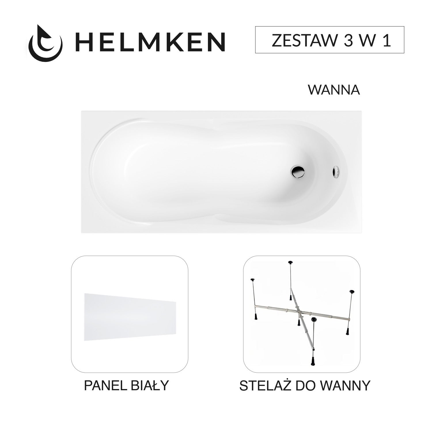 Wanna akrylowa Helmken Celeste 170x75 + Panel Biały + Stelaż uniwersalny do wanien Helmken 21230020 / 35060075-3S