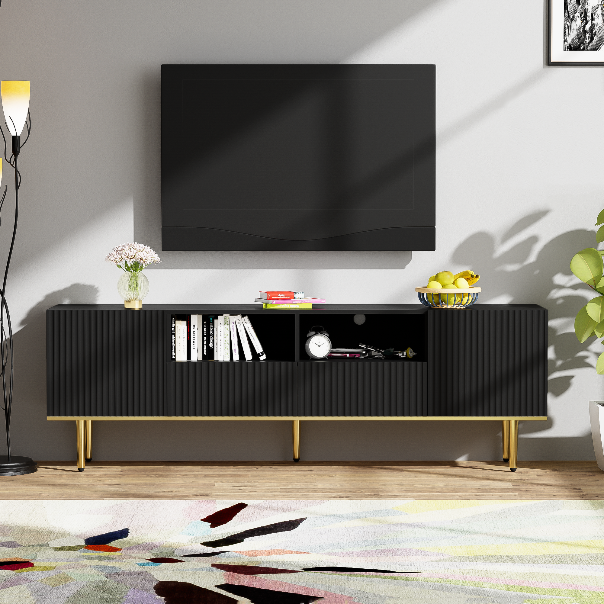 Nowoczesny stolik pod TV ze złotymi nogami i obramowaniem, 165*36*55 cm, czarny
