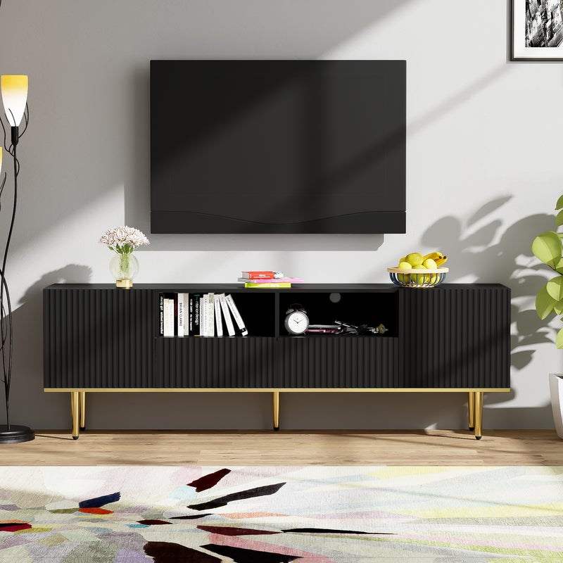 Nowoczesny stolik pod TV ze złotymi nogami i obramowaniem, 165*36*55 cm, czarny