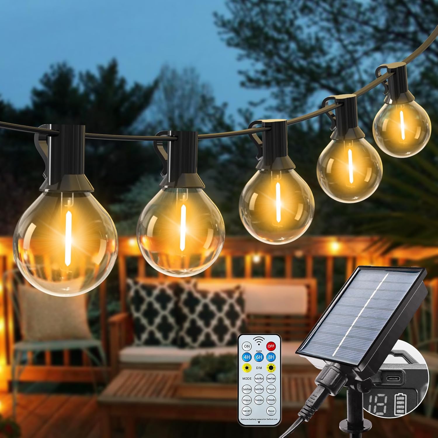 Zewnętrzne lampki solarne - 30 m - G40 - Odporne na warunki atmosferyczne - Wtyczka USB - 8 trybów - Z pilotem - Na patio, do ogrodu