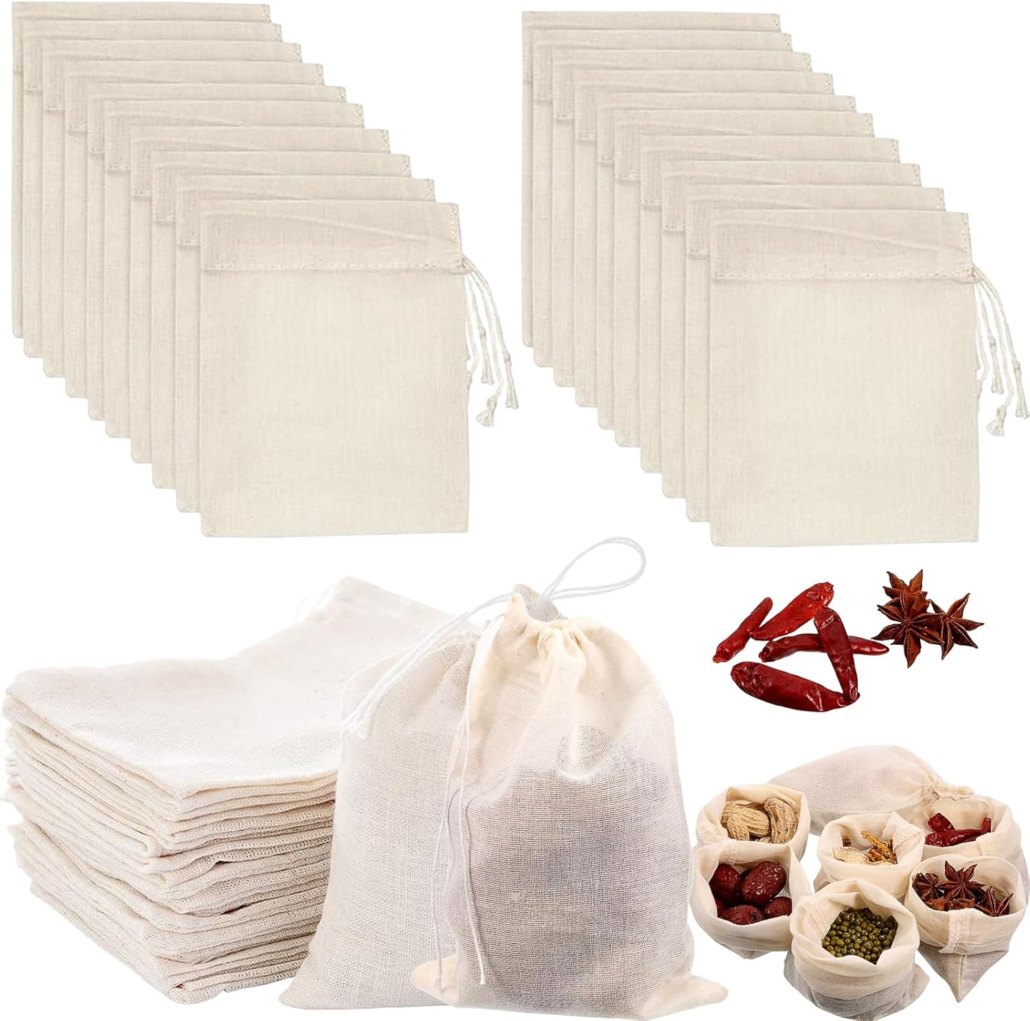 30 sztuk bawełnianych muślinowych torebek ze ściągaczem, 8 * 10 cm bawełnianych torebek filtrujących do herbaty, wielokrotnego użytku, wielokrotnego