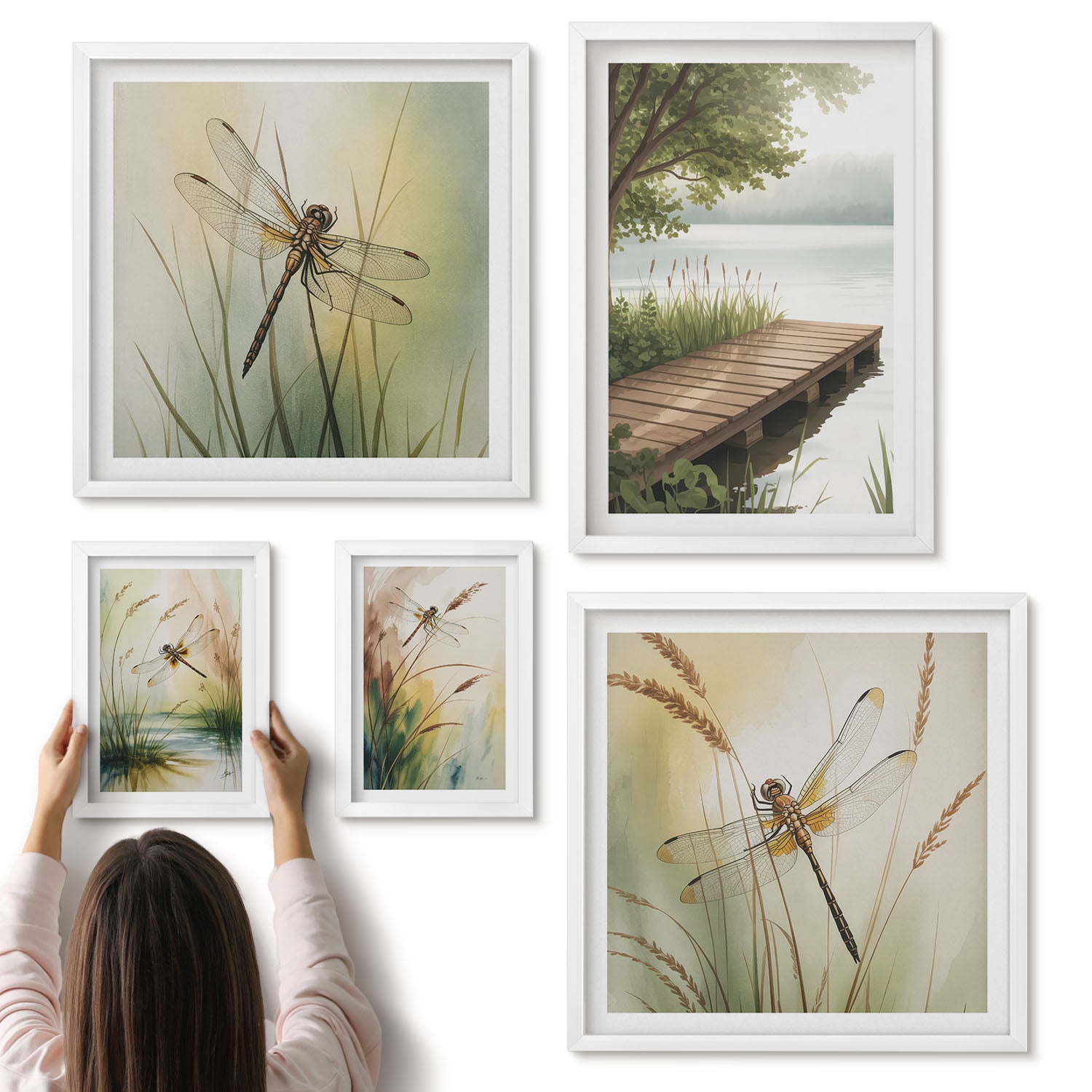 Galeria ścienna 5-częściowy komplet obrazów w białych ramach - Spokojne krajobrazy z ważkami nad wodą i brzegiem - ArtPrintCave