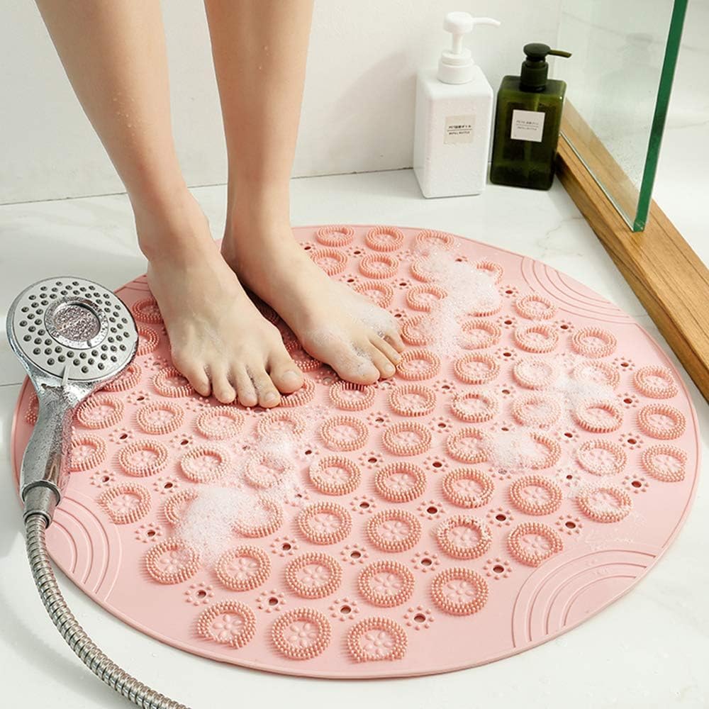 Mata prysznicowa antypoślizgowa z przyssawką i otworem odpływowym, nadająca się do prania w pralce (55 cm, różowa)