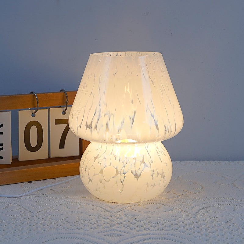 Kompaktowa lampka nocna w kształcie grzybka - lampka nocna, półprzezroczysta, biała szklana lampa stołowa