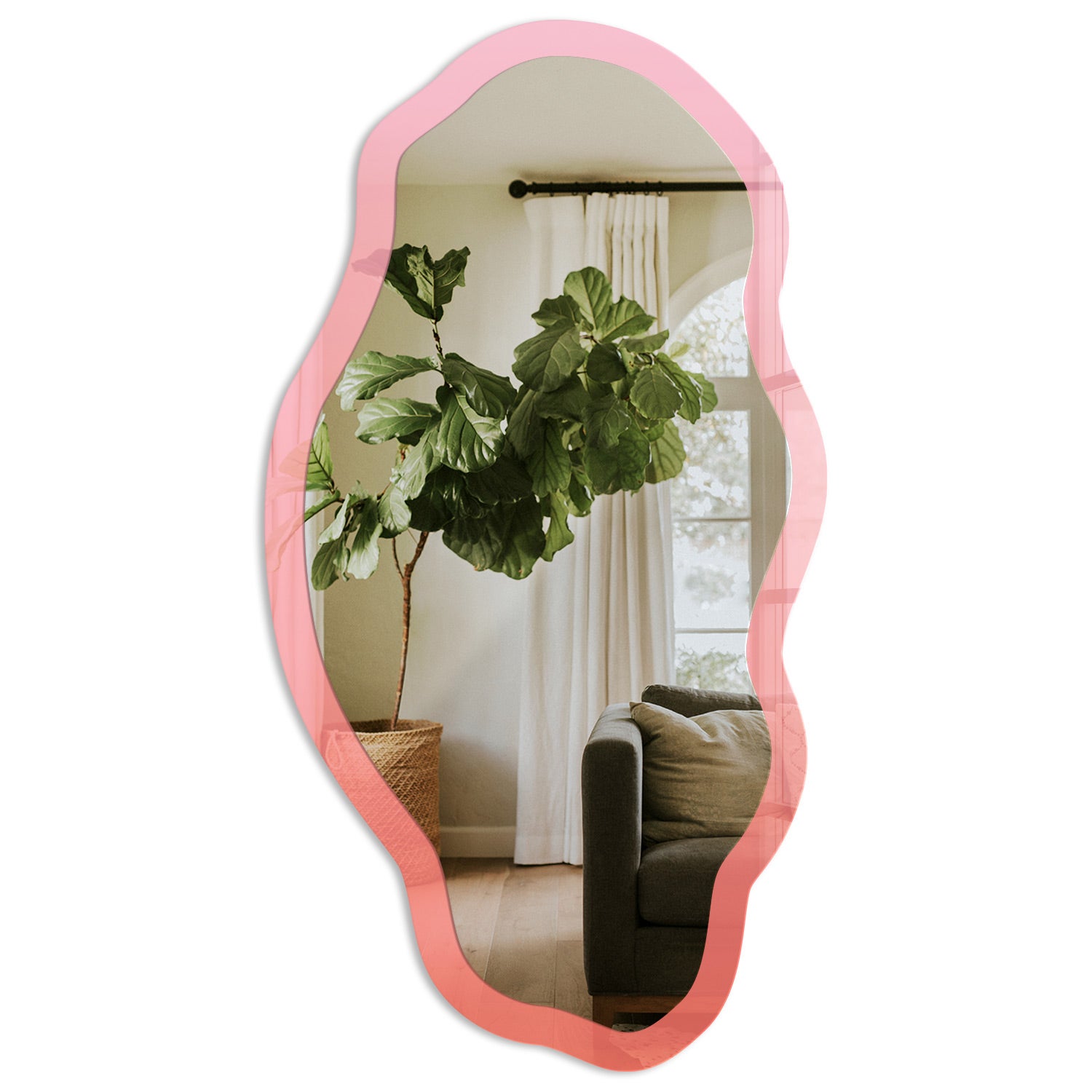 Eleganckie lustro ścienne w szklanej ramie z printem - Różowy pomarańczowy 52x97cm