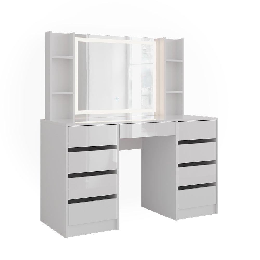 Vicco Stół toaletowy Sherry, Biały/Biały wysoki połysk, 128.2 cm z lusterkiem LED