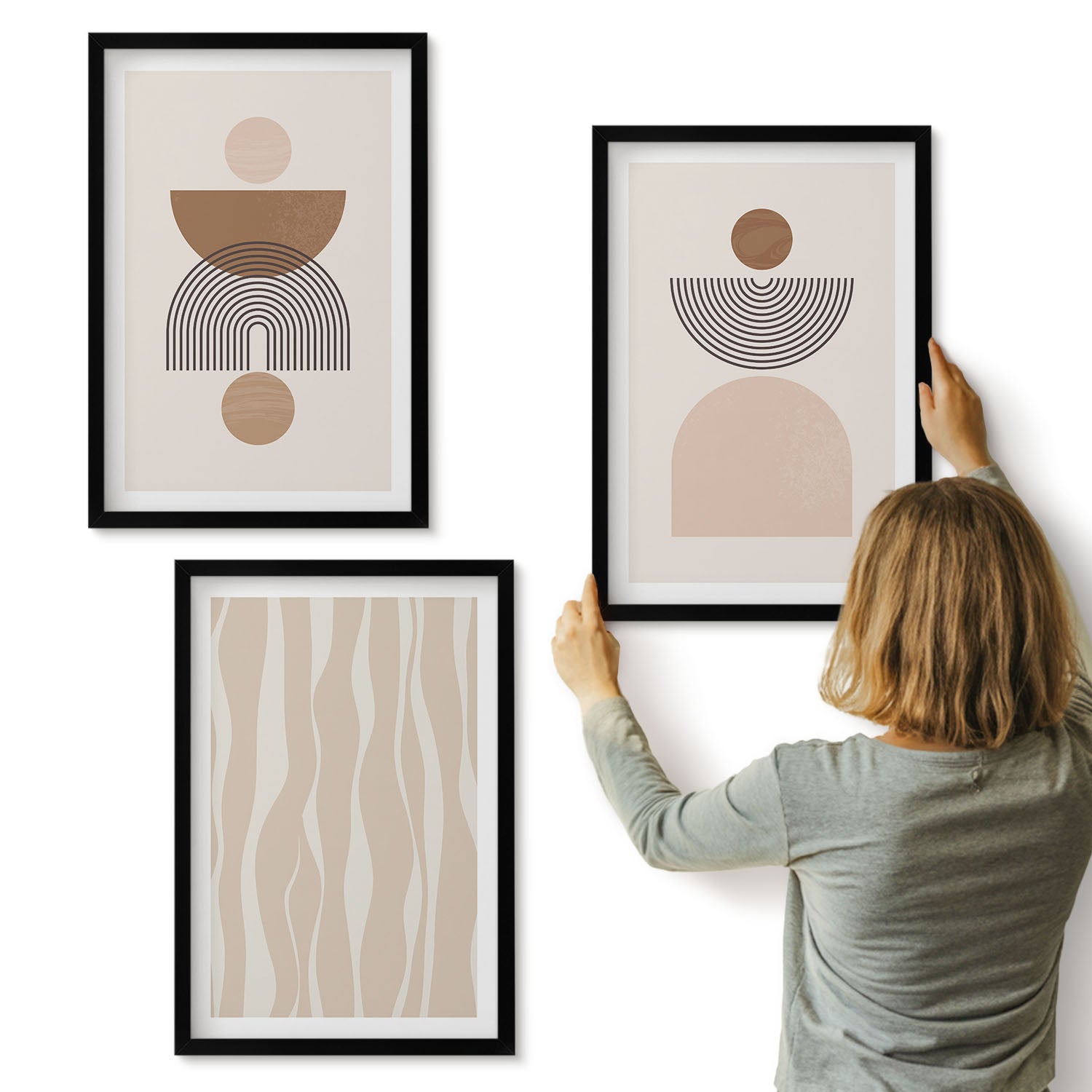 Galeria ścienna 3-częściowy komplet obrazów w czarnych ramach - Abstrakcyjne kształty w odcieniach brązu i beżu - ArtPrintCave