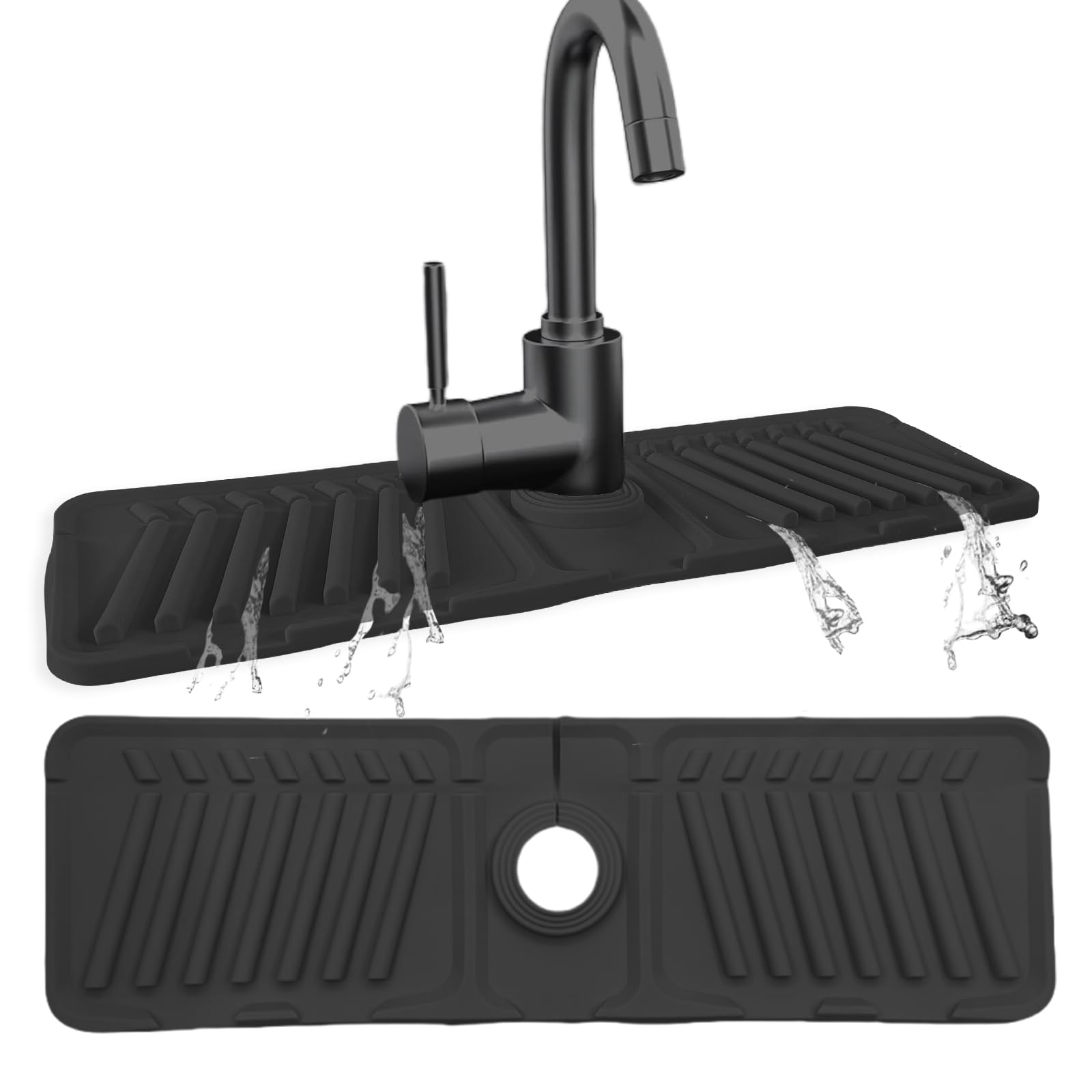 Silikonowa Mata Ociekowa pod Kran, Mata pod Kran o wymiarach 44 x 14 cm z Otworami do Wycięcia, Nachylenie 7°, Czarna