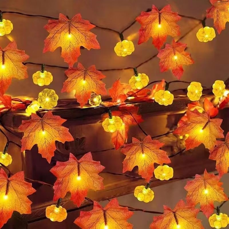 3-metrowy łańcuch świetlny z dynią i klonem, na Święto Dziękczynienia i Halloween, 20 diod LED, jesienne oświetlenie, dekoracja do wnętrz i na zewnątr