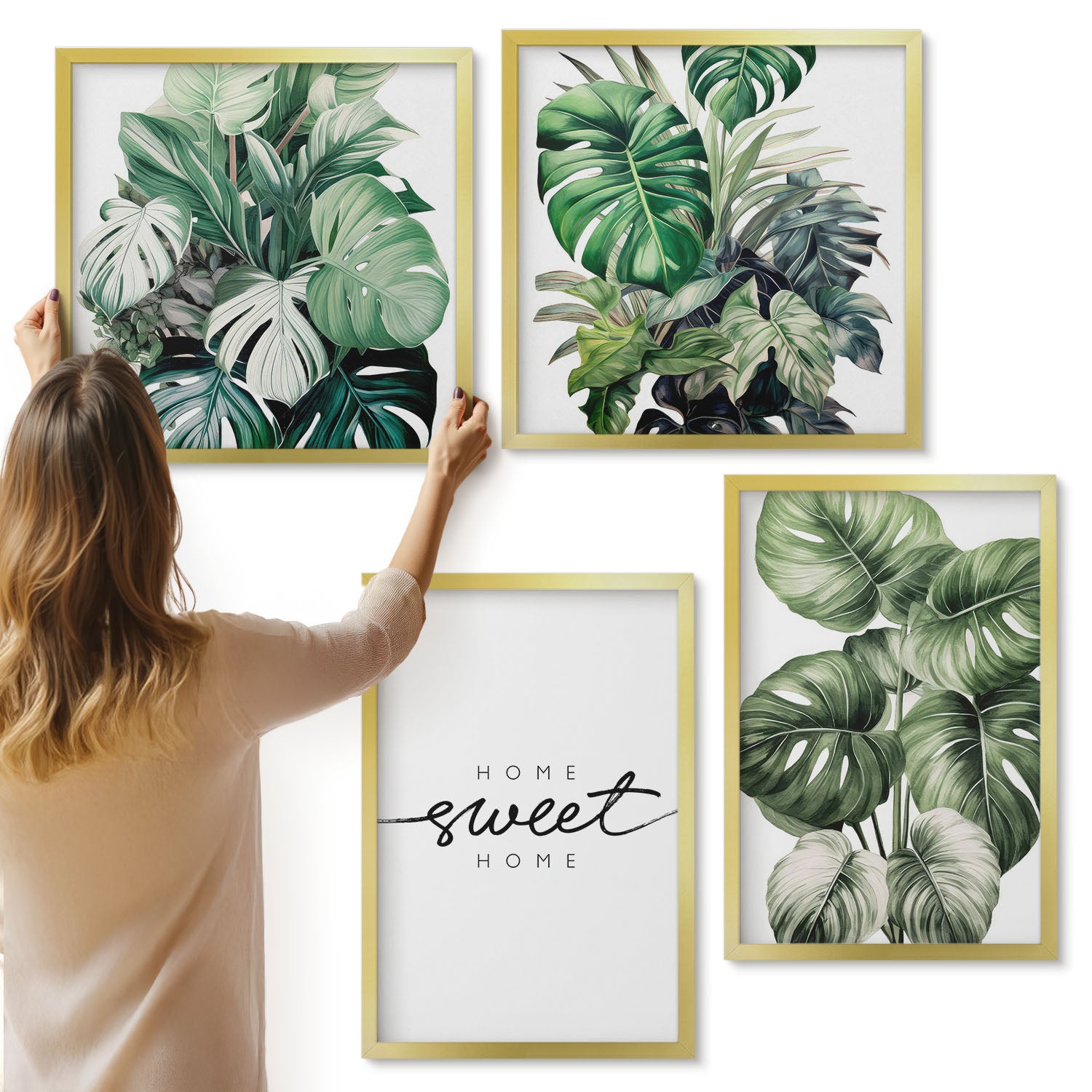 Galeria ścienna 4-częściowy komplet obrazów w złotych ramach - Rośliny w zieleni z napisem Sweet Home - ArtPrintCave