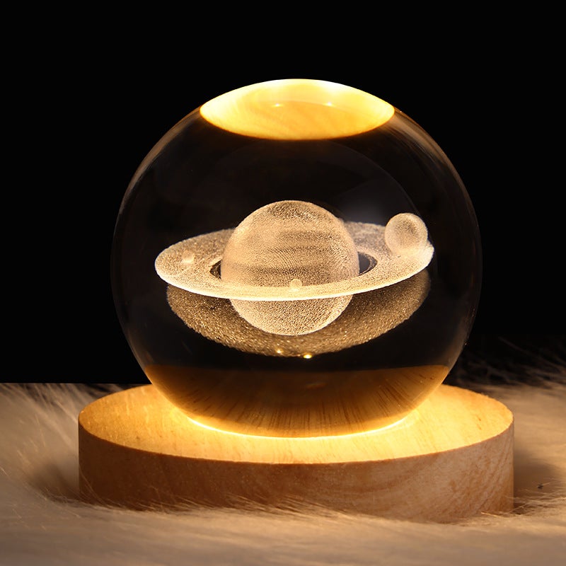 Lampka Nocna USB w Kształcie Księżyca i Saturna, Kryształowa Kula, Drewniana Podstawa 6 cm